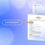 AI planning interface with calendar and schedule details, labeled "CC Experiment," on a blue gradient background.