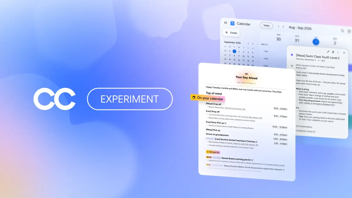 AI planning interface with calendar and schedule details, labeled "CC Experiment," on a blue gradient background.