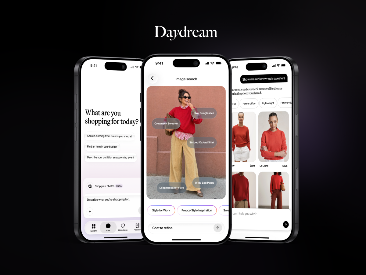 Three smartphones displaying Daydream app with fashion search and shopping features, including outfit suggestions and prices.