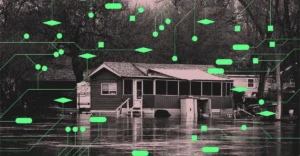 Flooded house surrounded by water, overlaid with green digital circuit lines and shapes, trees in the background.
