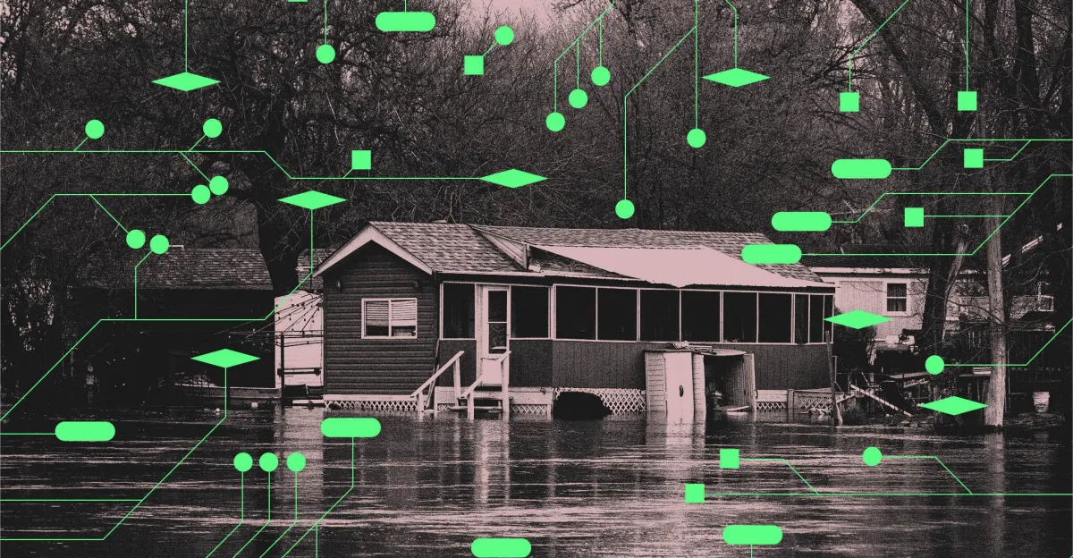 Flooded house surrounded by water, overlaid with green digital circuit lines and shapes, trees in the background.