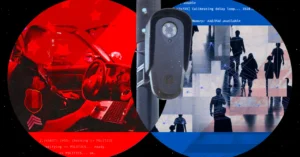 Split image: left shows a police officer with a laptop in a red filter, right shows silhouettes of people with digital ove...