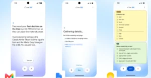 Three smartphone screens display note-taking and task management features with lists and voice command icons.