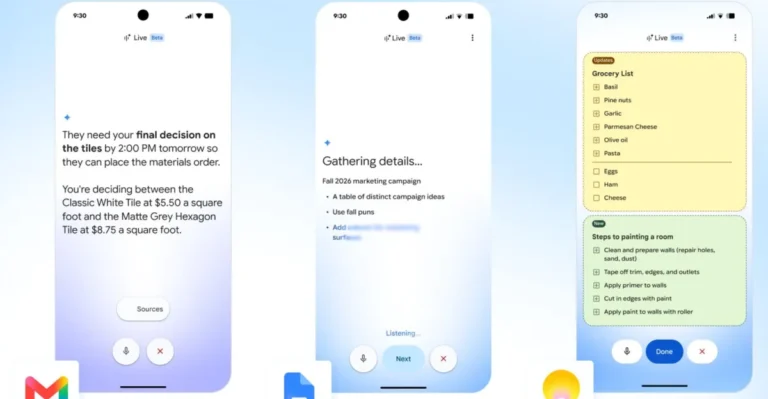 Three smartphone screens display note-taking and task management features with lists and voice command icons.