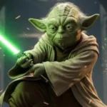 Green lightsaber-wielding character in a robe stands ready amidst glowing sparks and futuristic background.