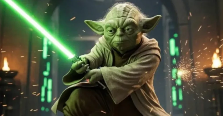 Green lightsaber-wielding character in a robe stands ready amidst glowing sparks and futuristic background.