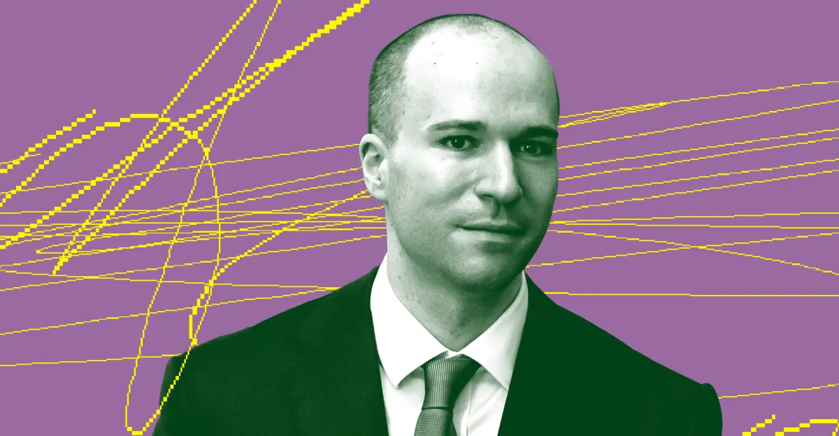 Man in a suit with a tie against a purple background with yellow abstract lines.