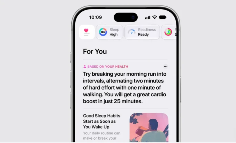 IPhone screen displaying health app with personalized running tip and sleep habits advice, top icons show health metrics.