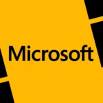 Microsoft logo on a yellow background with black geometric shapes.
