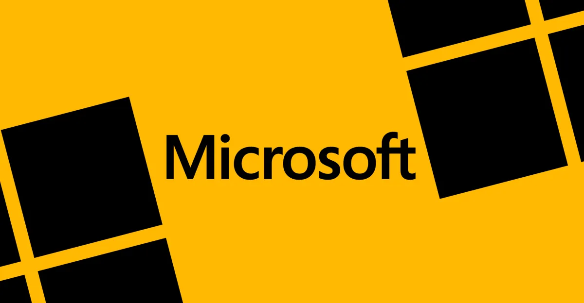 Microsoft logo on a yellow background with black geometric shapes.