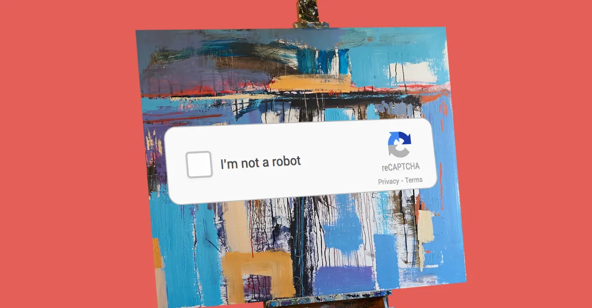 Abstract painting with a reCAPTCHA checkbox overlay stating "I'm not a robot" against a red background