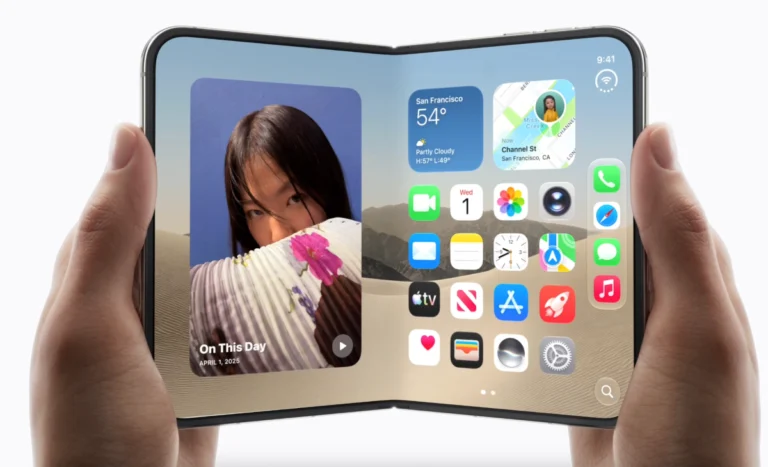 Hands holding a foldable smartphone showing a split screen with weather, map, calendar, apps, and a photo with "On This Day".