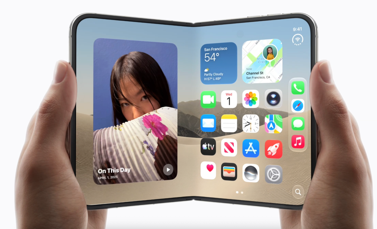 Hands holding a foldable smartphone showing a split screen with weather, map, calendar, apps, and a photo with "On This Day".