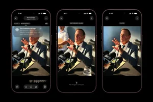 Three smartphone screens show a man speaking at a press conference, with text prompts for image authenticity verification.