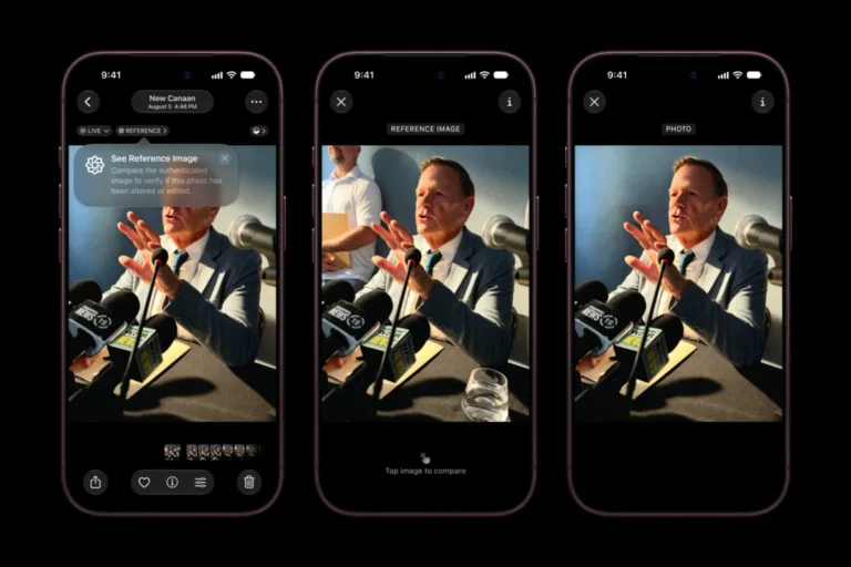Three smartphone screens show a man speaking at a press conference, with text prompts for image authenticity verification.