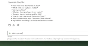 AI interface displaying example questions for farming tasks, with a text input box partially filled with "Which planter".