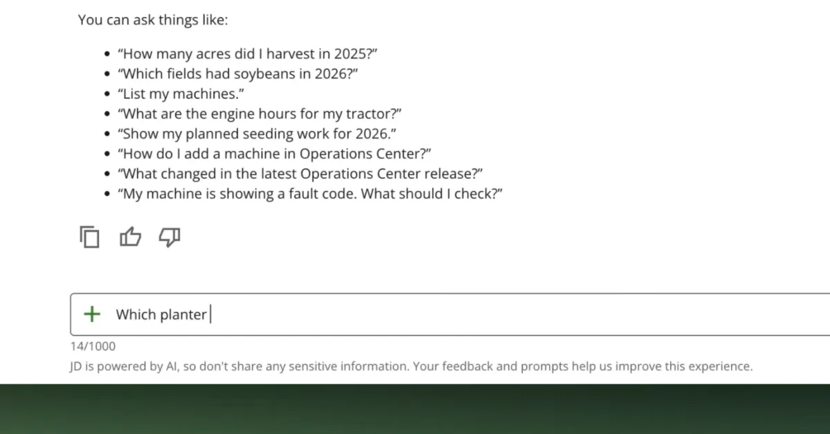 AI interface displaying example questions for farming tasks, with a text input box partially filled with "Which planter".