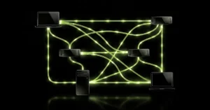 Five computers interconnected by glowing green lines on a black background.