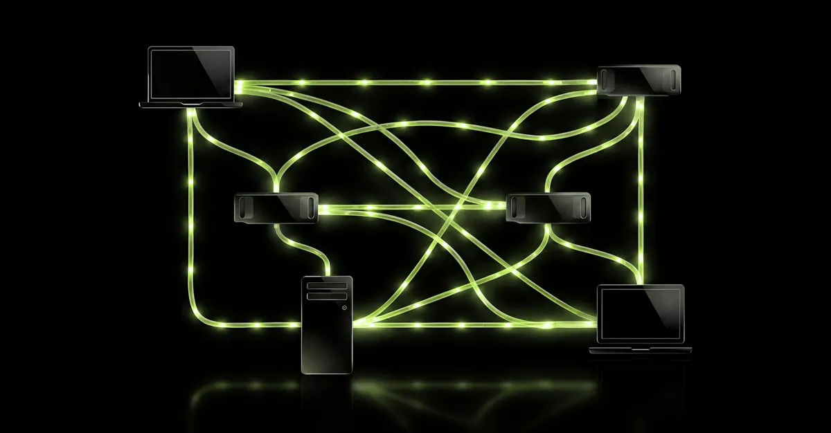 Five computers interconnected by glowing green lines on a black background.
