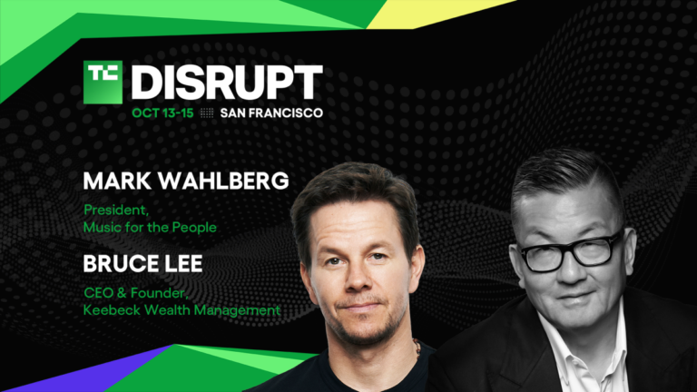 TechCrunch Disrupt 2026 promo with two men, names and titles displayed: Mark Wahlberg and Bruce Lee, event dates October 1...