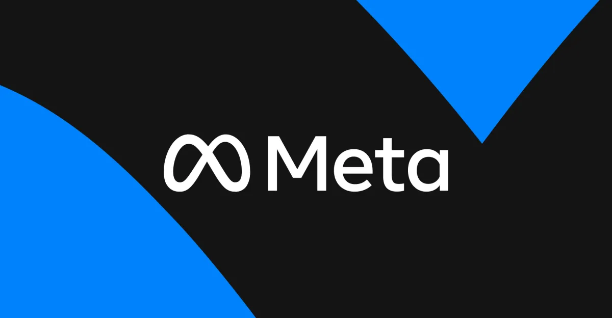 Meta logo with text on a black and blue geometric background.