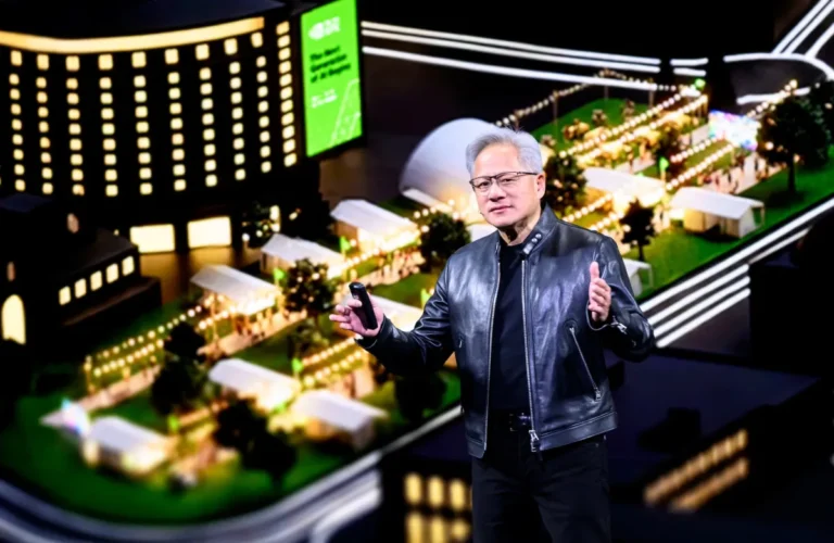 Man in a leather jacket speaks on stage with a model city background, holding a clicker. Bright display in the background.