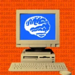 Vintage computer with a brain image on screen, binary code background, orange backdrop.