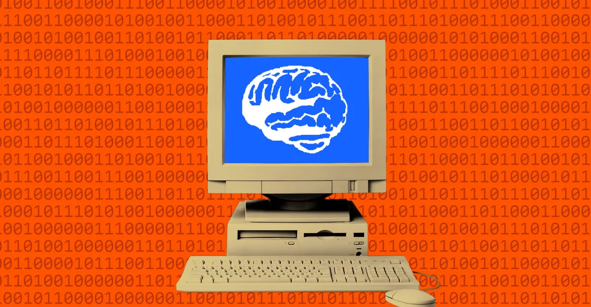 Vintage computer with a brain image on screen, binary code background, orange backdrop.
