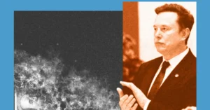 Man in suit clapping on right, abstract black and white texture on left, blue border surrounds the image.