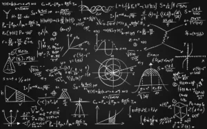 Chalkboard filled with complex mathematical equations, graphs, and diagrams, including calculus and geometric shapes