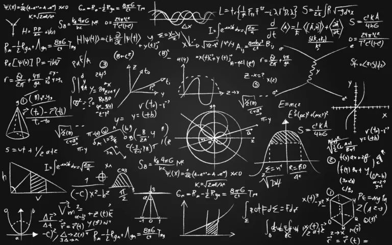 Chalkboard filled with complex mathematical equations, graphs, and diagrams, including calculus and geometric shapes