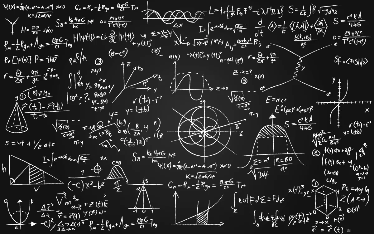 Chalkboard filled with complex mathematical equations, graphs, and diagrams, including calculus and geometric shapes