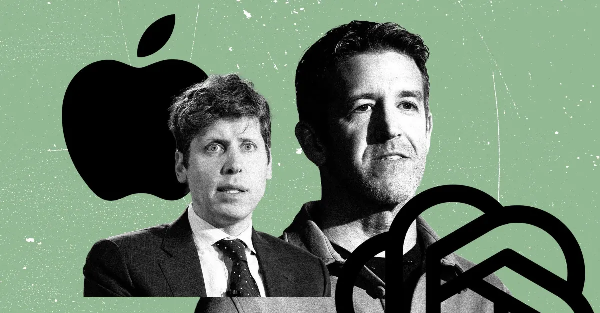 Two men in suits against a green background with Apple and OpenAI logos, facing opposite directions.