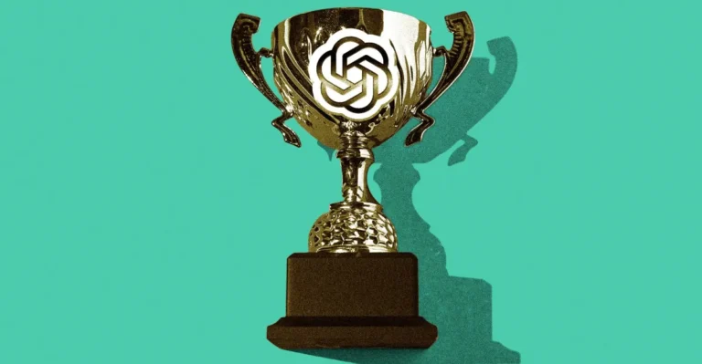 Golden trophy with a stylized logo on a teal background, casting a shadow to the right.