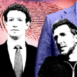 Two men in suits and casual wear, stylized with high contrast, against a background featuring a large fingerprint pattern.