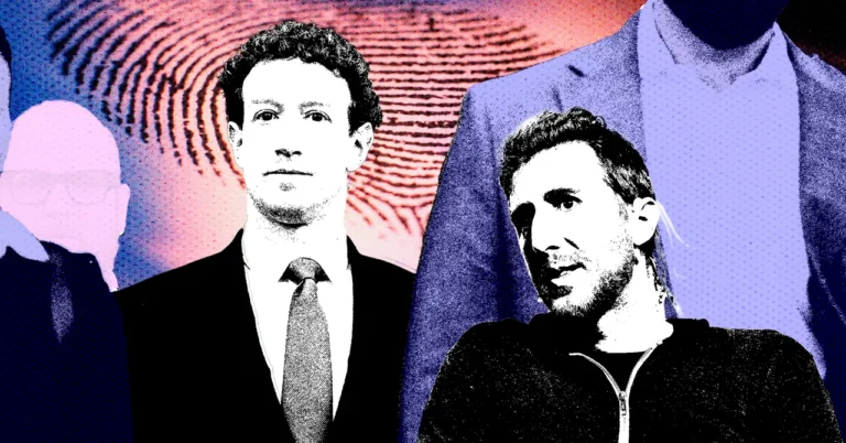 Two men in suits and casual wear, stylized with high contrast, against a background featuring a large fingerprint pattern.