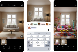 Three screenshots of a room with different decor styles; central image shows a decor selection interface with style options.