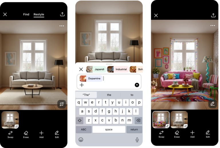 Three screenshots of a room with different decor styles; central image shows a decor selection interface with style options.
