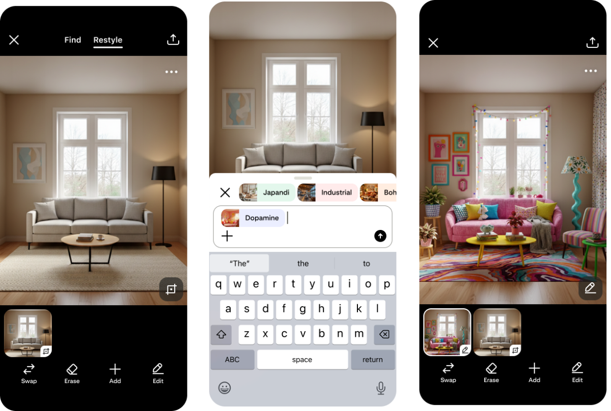 Three screenshots of a room with different decor styles; central image shows a decor selection interface with style options.