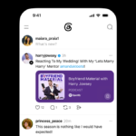 Mobile app screen showing a podcast promotion post with "Boyfriend Material with Harry Jowsey" and user comments.