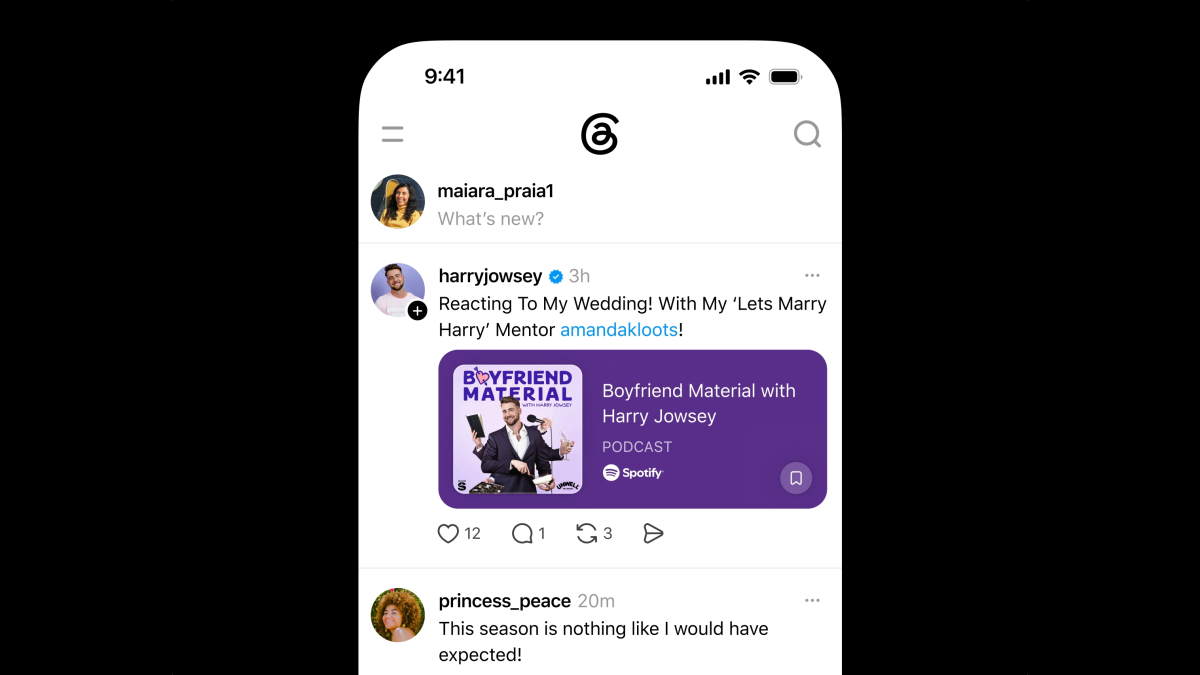 Mobile app screen showing a podcast promotion post with "Boyfriend Material with Harry Jowsey" and user comments.