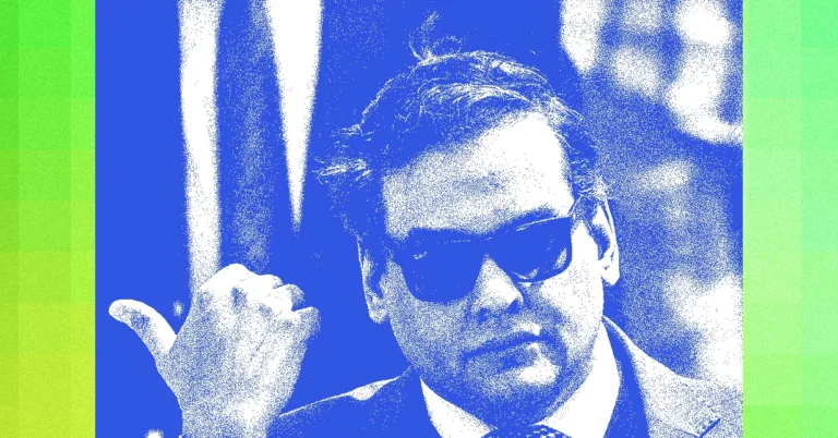 Man in sunglasses, wearing a suit, with a thumb gesture. Blue and green gradient overlay.