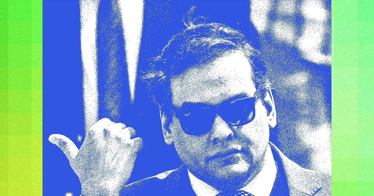 Man in sunglasses, wearing a suit, with a thumb gesture. Blue and green gradient overlay.
