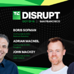 Three men smiling in front of a TechCrunch Disrupt 2026 banner, listing event details and their names with titles.
