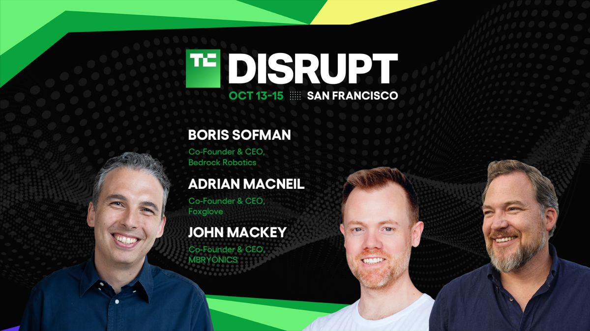 Three men smiling in front of a TechCrunch Disrupt 2026 banner, listing event details and their names with titles.