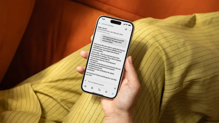 Person holding a smartphone displaying a message from Alexa for Shopping about verifying a suspicious OTP message.