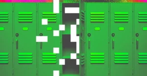 Green school lockers with digital white squares overlay, one locker open, colorful pattern on top.