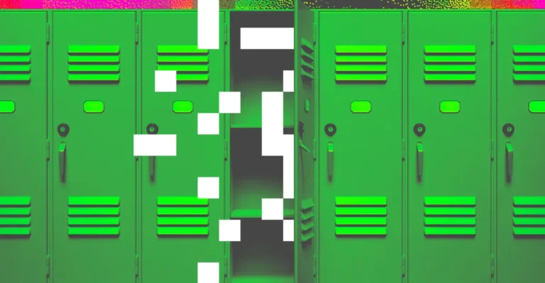 Green school lockers with digital white squares overlay, one locker open, colorful pattern on top.
