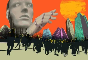 Giant robot head and hand loom over a crowd in a cityscape with colorful skyscrapers and an orange sky with a large sun.