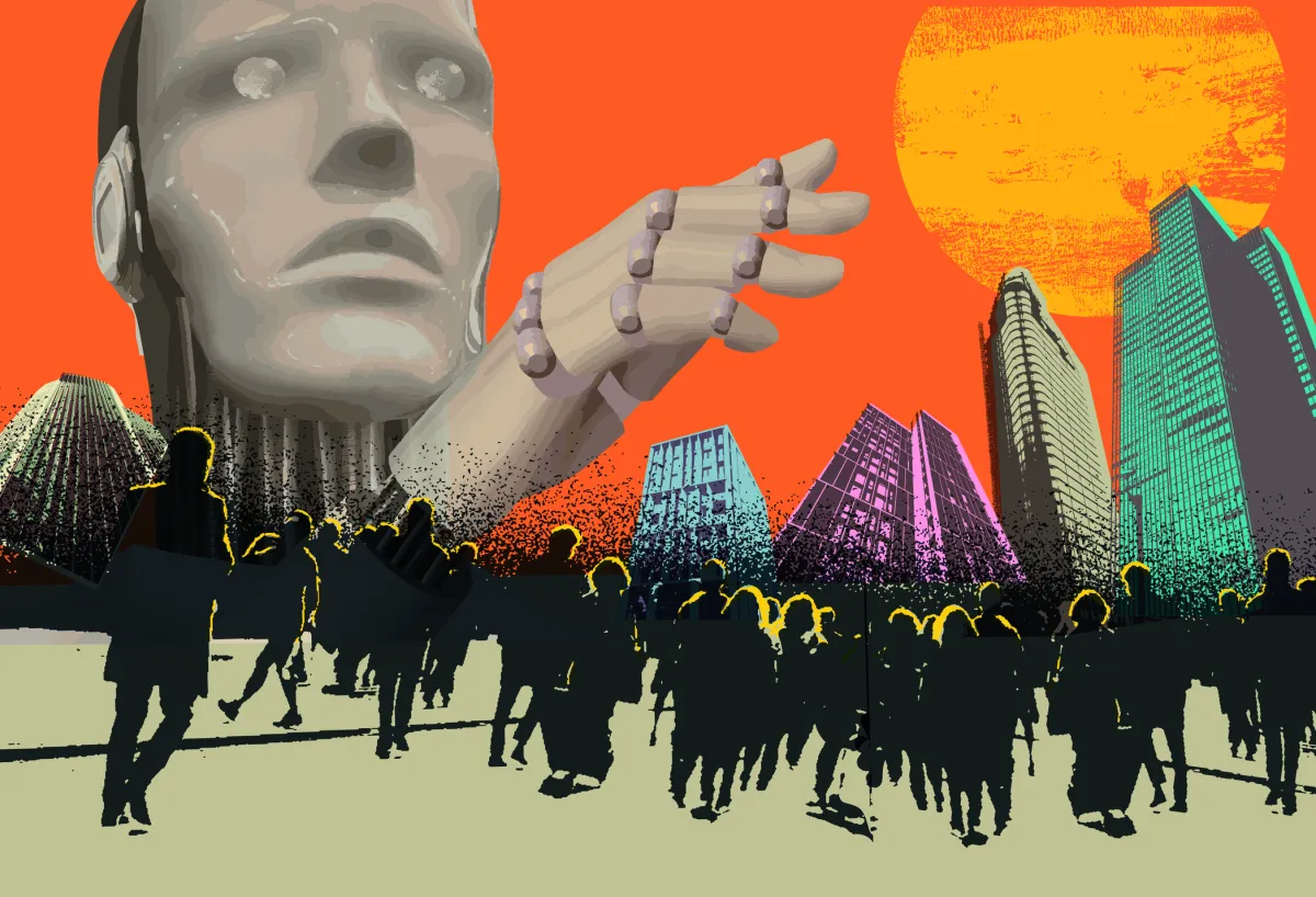 Giant robot head and hand loom over a crowd in a cityscape with colorful skyscrapers and an orange sky with a large sun.